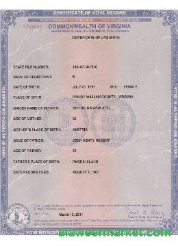USA Virginia certificate of live birth